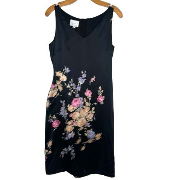 VTG 90s NKT Judy Lee 100% Silk Black Floral Dress Sz 4 Y2K Prom Cocktail Formal - Picture 1 of 13